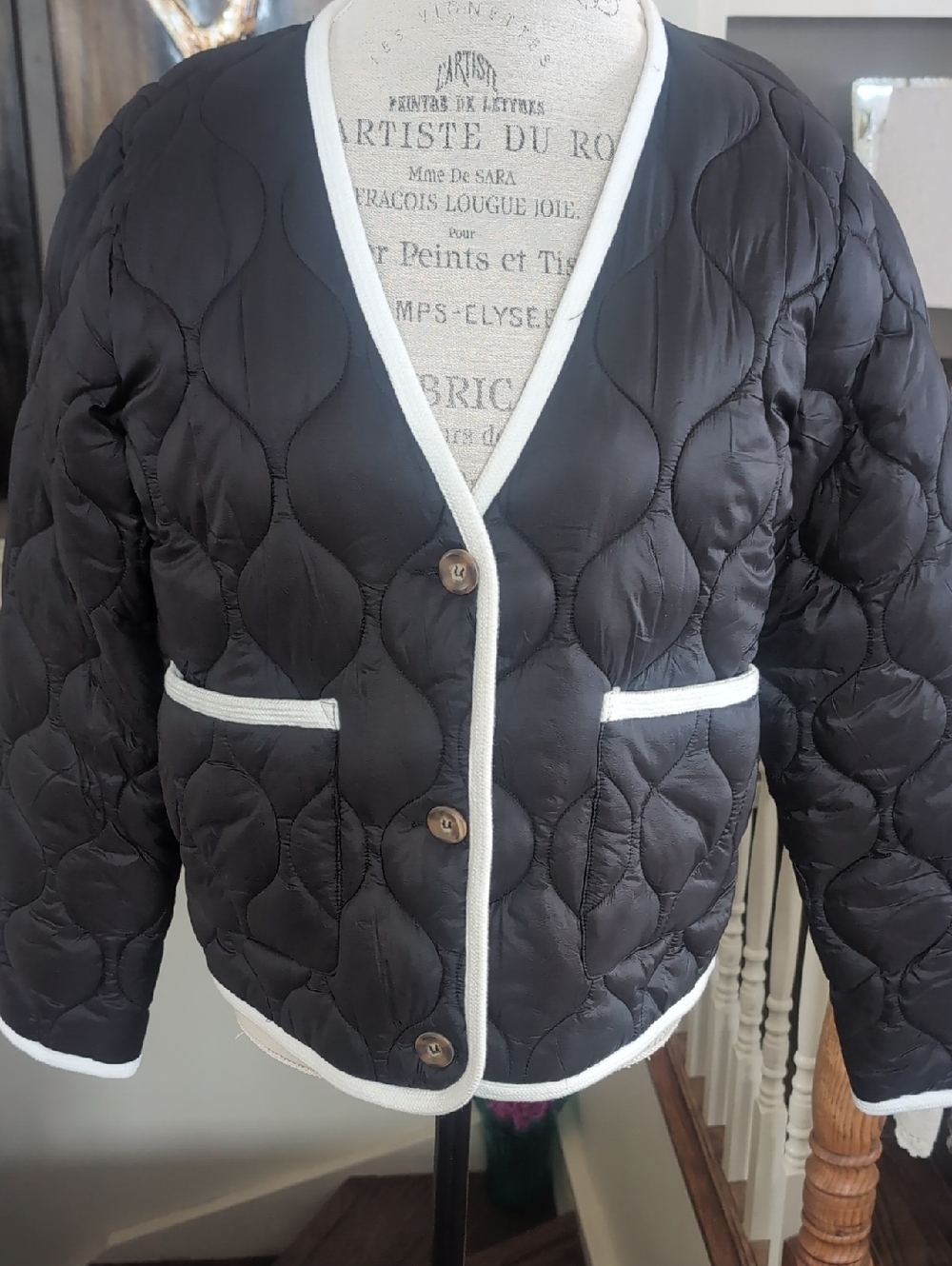 Tribal Quilted Black Women's Jacket with Ivory Trim P2P 21 Length 24